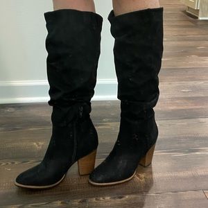 White Mountain Black Tall Scrunch Boots Microsuede Stacked Wooden Heel